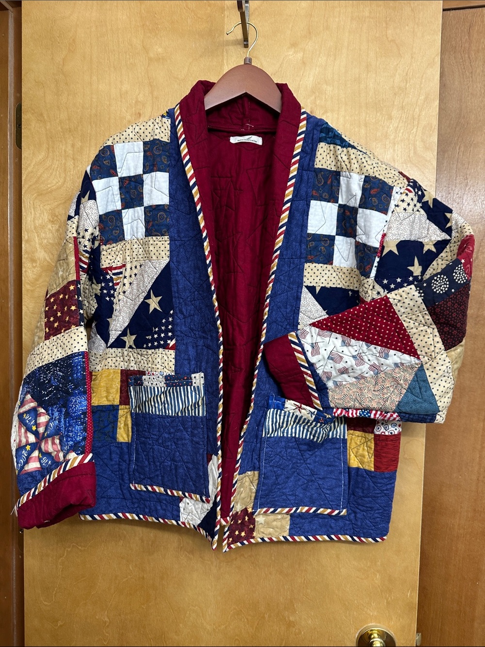 Handmade Blackberry and Sage Patchwork Quilted Jacket - Red & Navy Stars